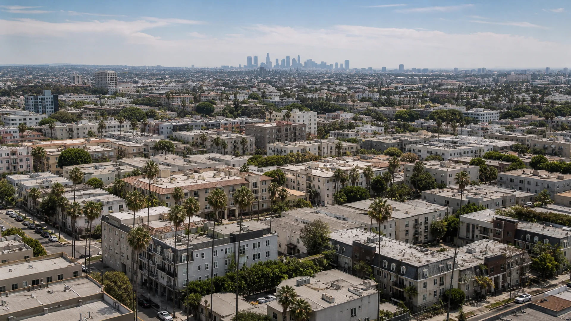 Los Angeles apartment neighborhoods with the downtown skyline in the distance